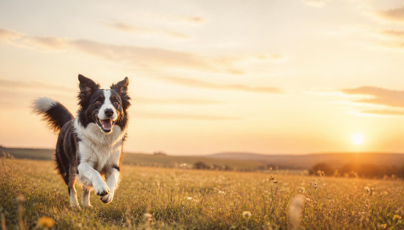 Border collie running through a golden meadow at sunset
