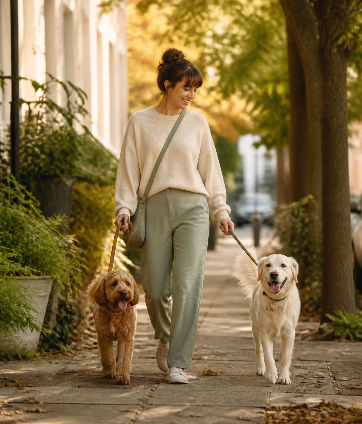 Dog walker smiling while walking two dogs along a leafy street